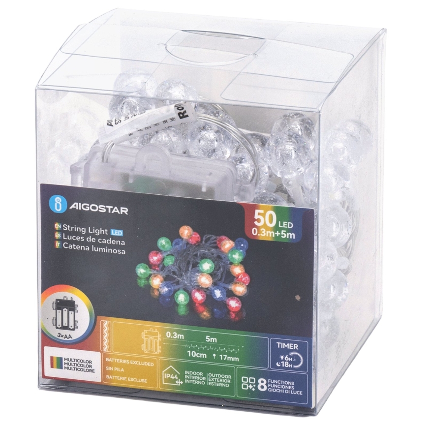 Aigostar - LED lauko kalėdinė girlianda 50xLED/8 funkcijų 3xAA 5,3m IP44 daugiaspalvė