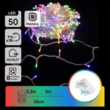 Aigostar - LED lauko kalėdinė girlianda 50xLED/8 funkcijų 3xAA 5,3m IP44 įvairiaspalvė
