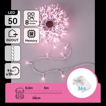 Aigostar - LED Lauko kalėdinė girlianda 50xLED/8 funkcijų 3xAA 5,3m IP44 rožinė