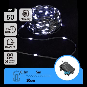 Aigostar -LED Lauko kalėdinė girlianda 50xLED/8 funkcijų 3xAA 5,3m IP44 šaltai balta