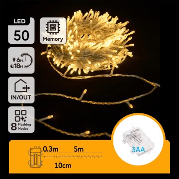 Aigostar - LED lauko kalėdinė girlianda 50xLED/8 funkcijų 3xAA 5,3m IP44 šiltai balta