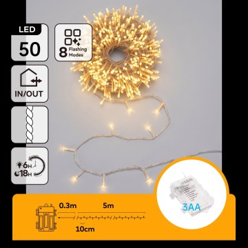 Aigostar - LED lauko kalėdinė girlianda 50xLED/8 funkcijų 3xAA 5,3m IP44 šiltai balta