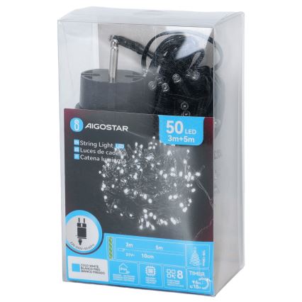Aigostar - LED lauko kalėdinė girlianda 50xLED/8 funkcijų 8m IP44 šaltai balta