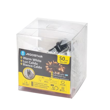 Aigostar - LED lauko kalėdinė girlianda 50xLED/8 funkcijų 8m IP44 šiltai balta