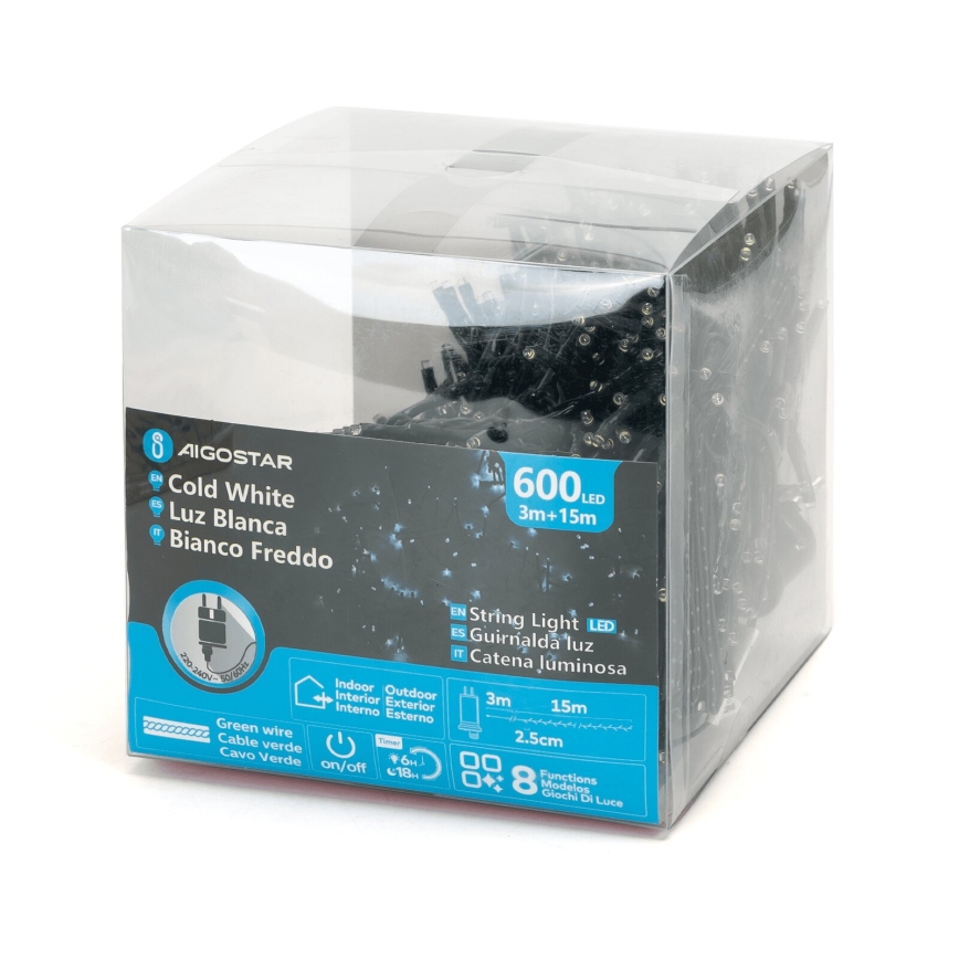 Aigostar - LED lauko kalėdinė girlianda 600 LED / 8 funkcijų 18 m IP44 šaltai balta