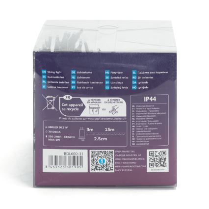 Aigostar - LED Lauko Kalėdinė girlianda 600xLED/8 funkcijos 18m IP44 šalta balta