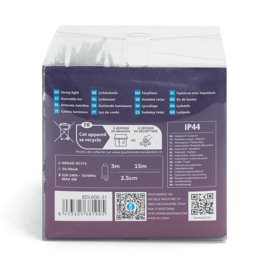 Aigostar - LED Lauko Kalėdinė girlianda 600xLED/8 funkcijos 18m IP44 šalta balta