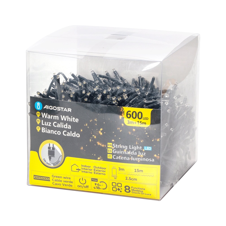 Aigostar - LED Lauko Kalėdinė girlianda 600xLED/8 funkcijos 18m IP44 šilta balta