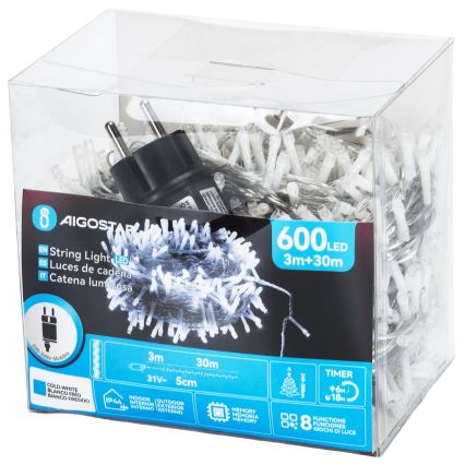 Aigostar - LED lauko kalėdinė girlianda 600xLED/8 funkcijų 33m IP44 šaltai balta