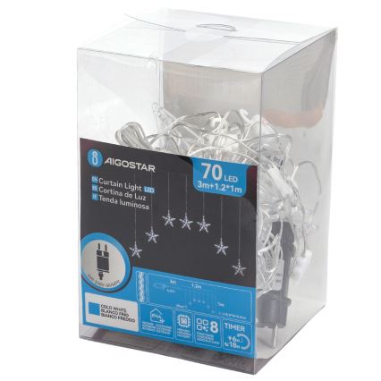 Aigostar - LED Lauko kalėdinė girlianda 70xLED 1,2x1m IP44 šaltai baltos žvaigždės