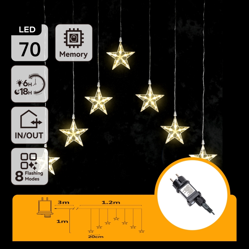 Aigostar - LED lauko kalėdinė girlianda 70xLED/230V 1,2x1m IP44 šilta balta žvaigždės