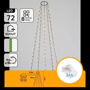 Aigostar - LED lauko kalėdinė girlianda 72xLED/8 funkcijų 3xAA 1,2m IP44 šiltai balta