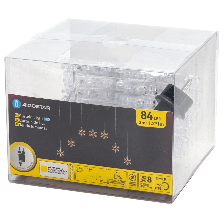 Aigostar - LED lauko kalėdinė girlianda 84xLED/8 funkcijų 1,2x1m IP44 šiltai balta snaigės
