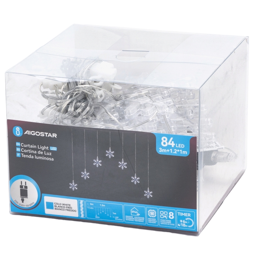 Aigostar - LED lauko kalėdinė girlianda 84xLED/8 funkcijų 1,2x1m IP44 šaltai balta snaigės
