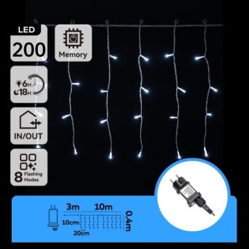 Aigostar - LED lauko Kalėdų girlianda 200xLED/3,6W/230V/8 funkcijų 10x0,4m IP44 šaltai balta