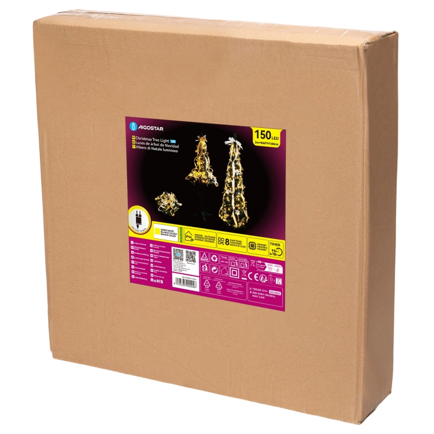 Aigostar - LED lauko kalėdinė eglutė 150 LED 1,8 m IP44 balta/auksinė, šiltai balta šviesa