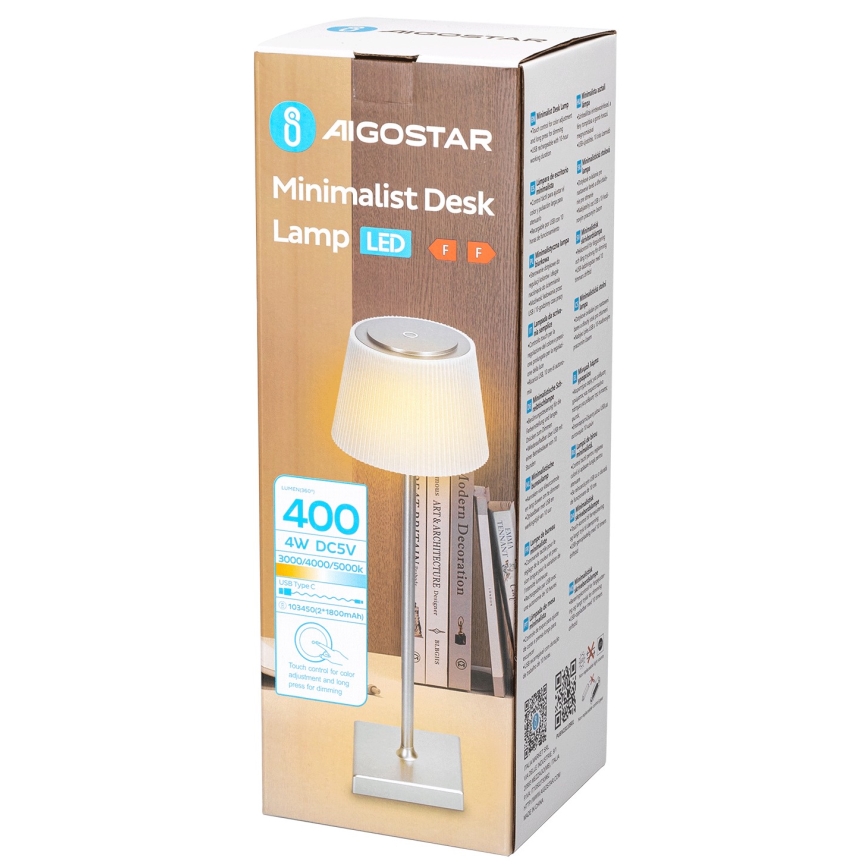Aigostar - LED Pritemdoma įkraunama lauko lempa LED/4W/5V 3600mAh balta/matinis chromas IP54