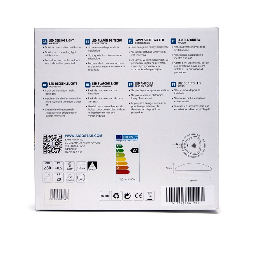 Aigostar - LED lubinis šviestuvas su jutikliu, LED/12W/230V, 3000K, Ø 28 cm
