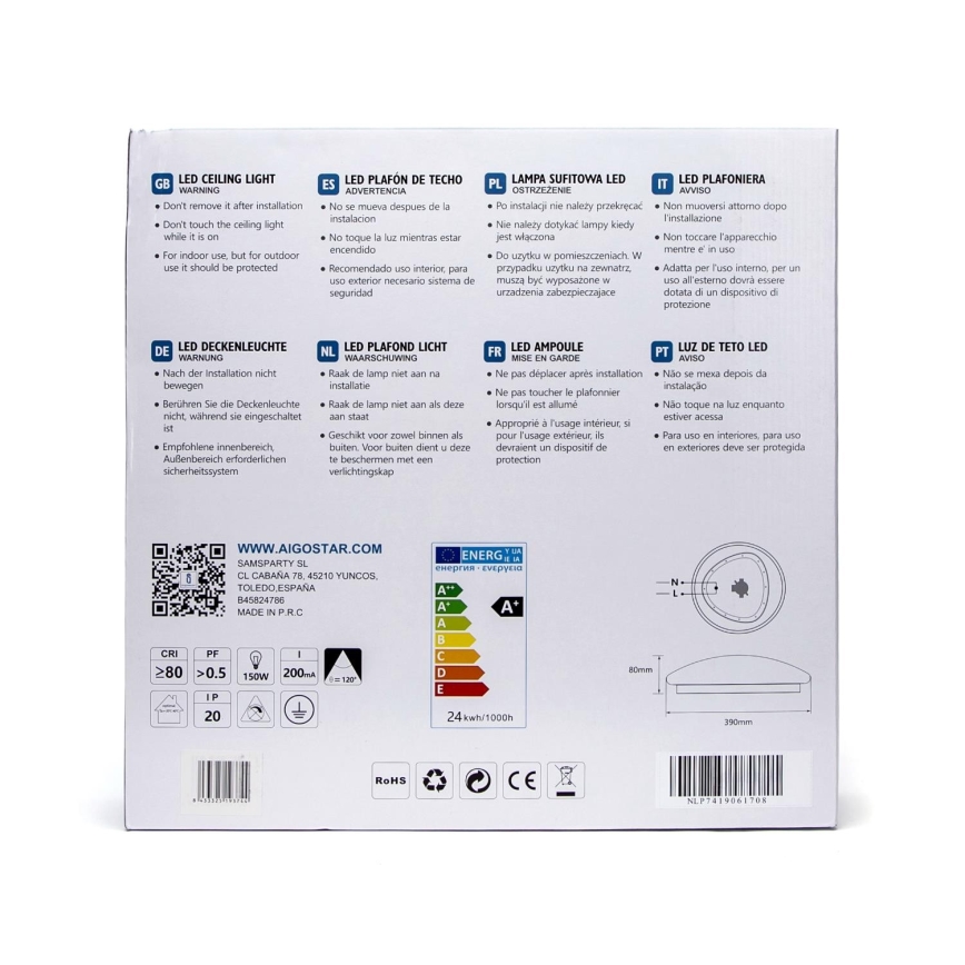 Aigostar - LED Lubinis šviestuvas su jutikliu LED/24W/230V 3000K