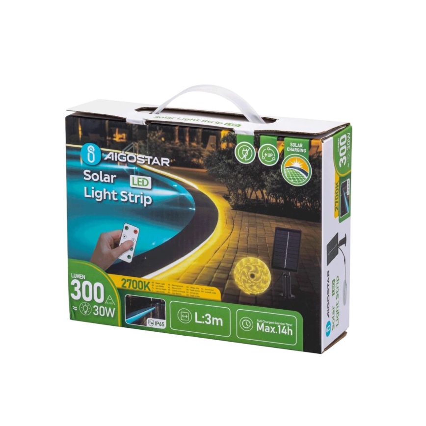 Aigostar - LED pritemdoma saulės energijos juostelė LED/1,6W/3,2V 3 m 2700K IP65 + nuotolinio valdymo pultas