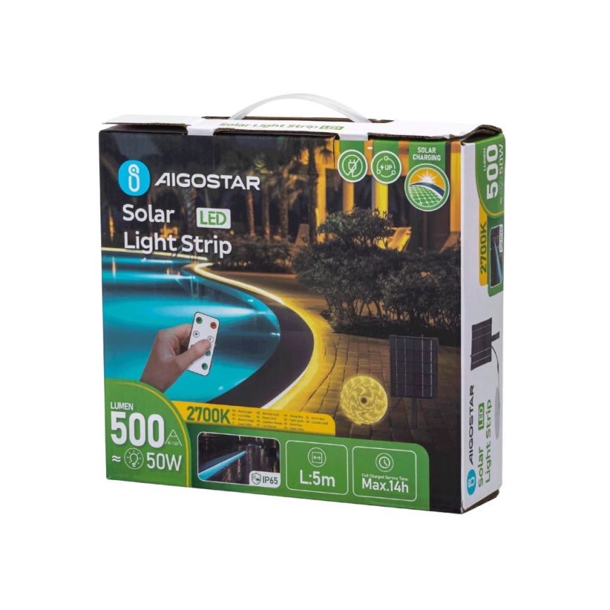 Aigostar - LED pritemdoma saulės energijos juostelė LED/1,6W/3,2V 5 m 2700K IP65 + nuotolinio valdymo pultas