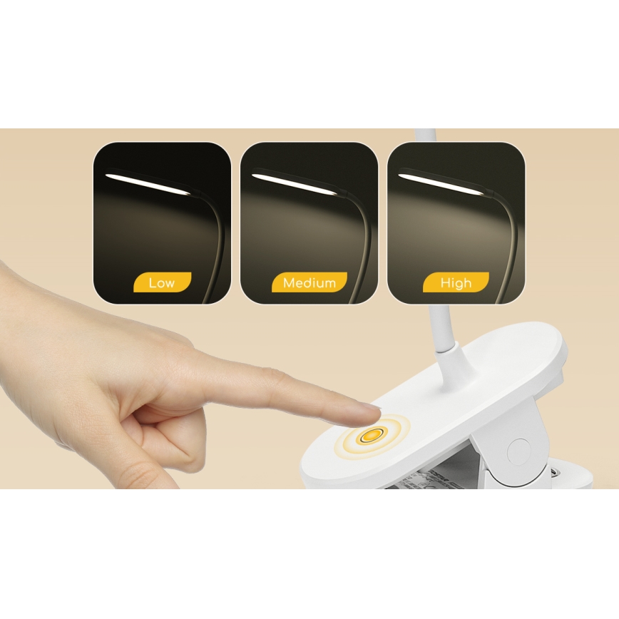 Aigostar - LED Pritemdomas įkraunamas stalinis šviestuvas su segtuku LED/2,5W/5V 1200mAh balta
