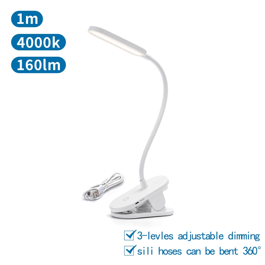 Aigostar - LED Pritemdomas įkraunamas stalinis šviestuvas su segtuku LED/2,5W/5V 1200mAh balta