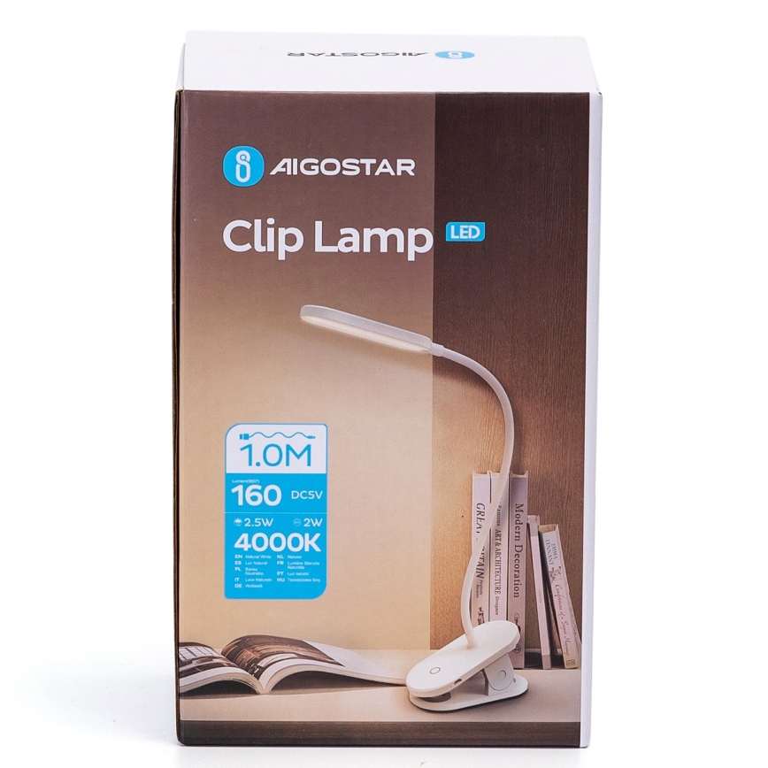 Aigostar - LED Pritemdomas įkraunamas stalinis šviestuvas su segtuku LED/2,5W/5V 1200mAh balta