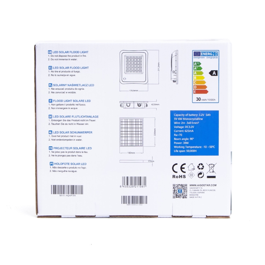 Aigostar - LED Pritemdomas saulės prožektorius LED/30W/3,2V 20000 mAh IP67 + VP
