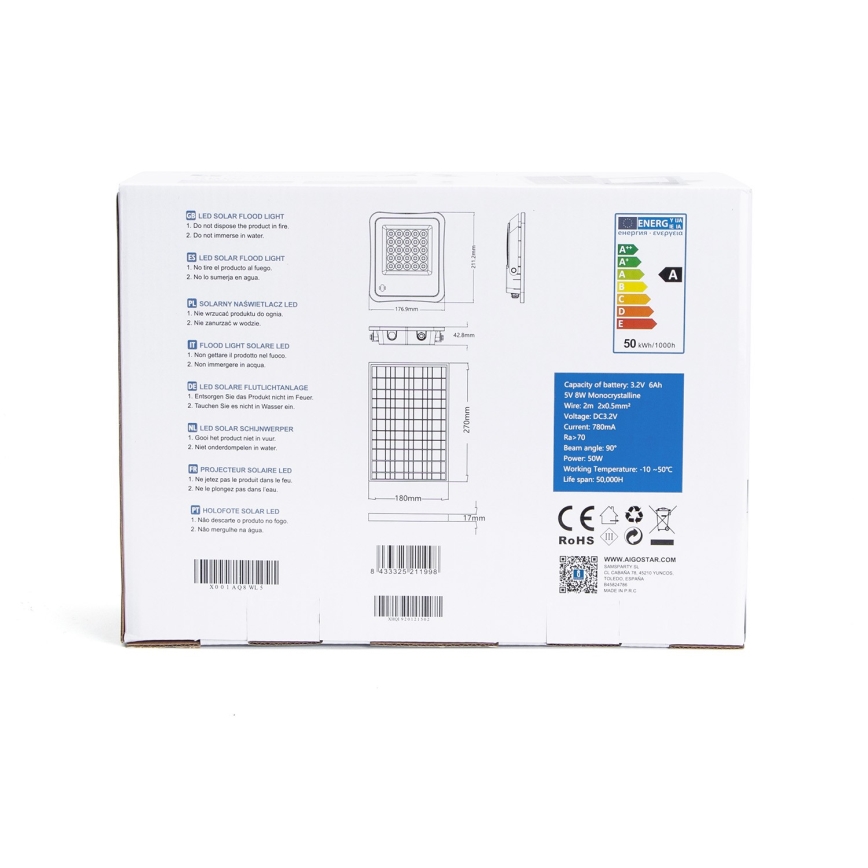 Aigostar - LED Pritemdomas saulės prožektorius LED/50W/3,2V IP65 6000 mAh + VP