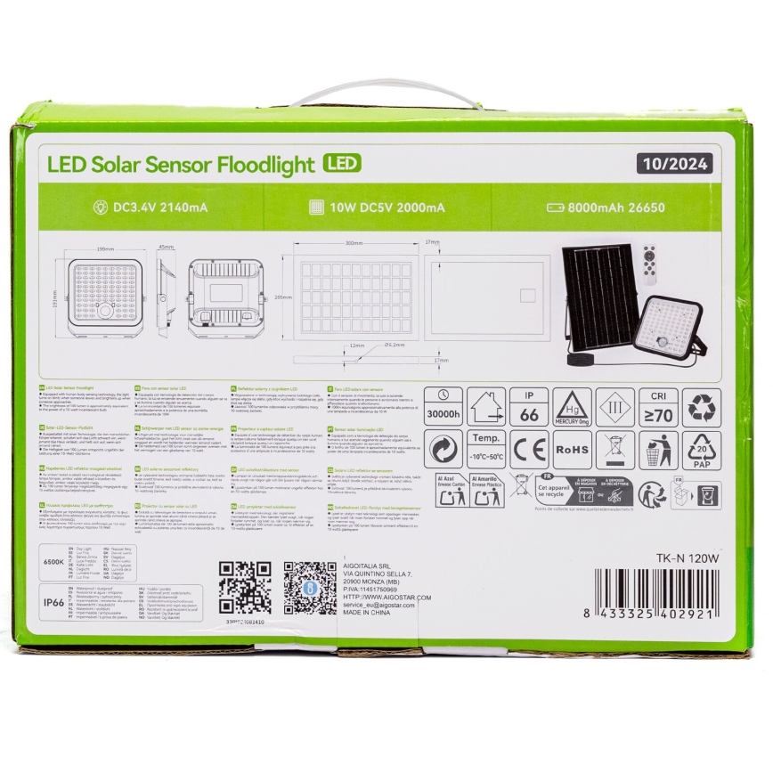 Aigostar - LED dimeriuojamas saulės prožektorius su jutikliu LED/120W/3,4V 6500K IP66 8000 mAh + nuotolinis valdymas