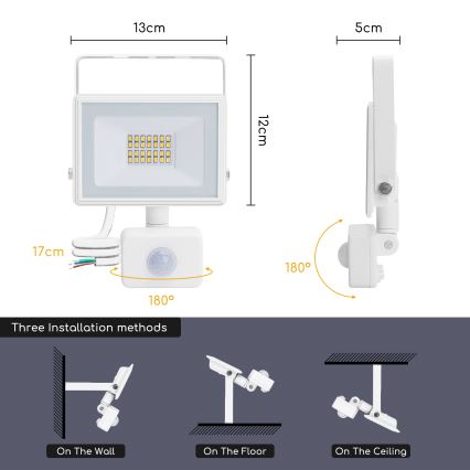 Aigostar - LED Prožektorius su jutikliu LED/20W/230V 4000K IP65 baltas