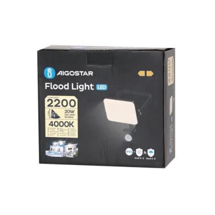 Aigostar - LED prožektorius su jutikliu LED/20W/230V 4000K IP65 juoda