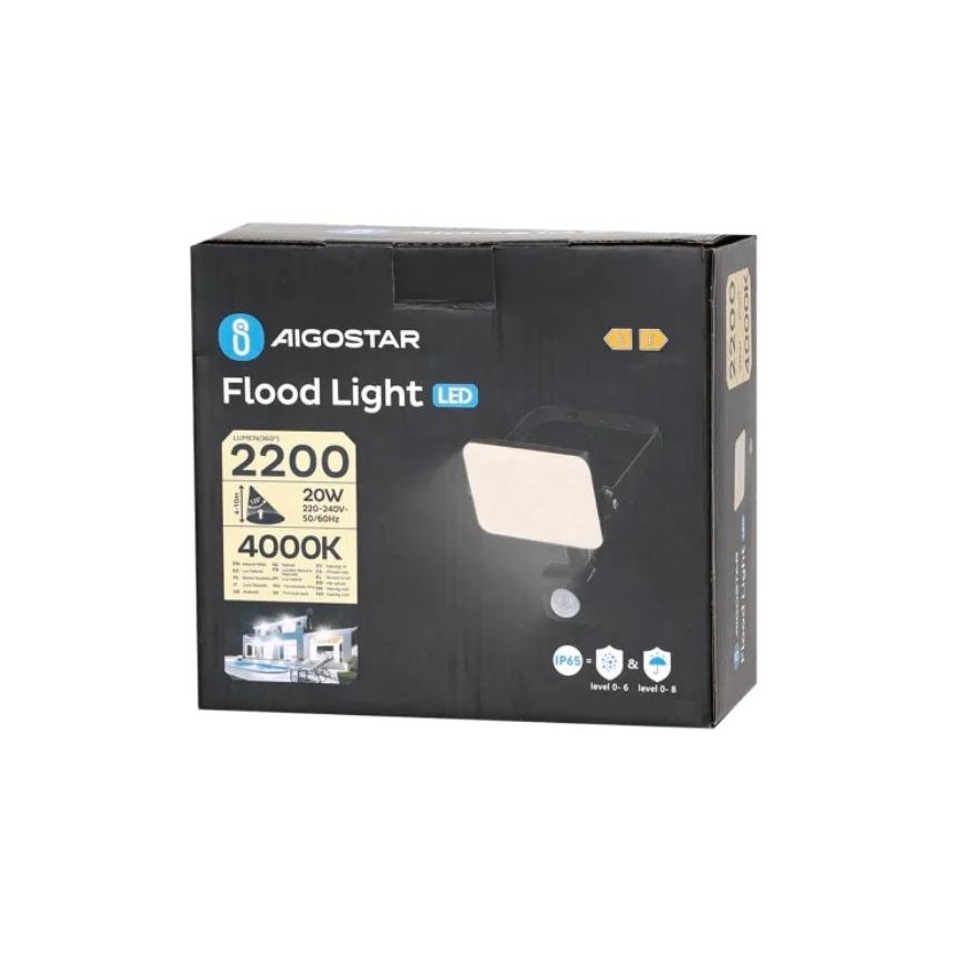 Aigostar - LED prožektorius su jutikliu LED/20W/230V 4000K IP65 juoda