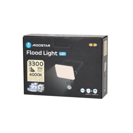 Aigostar - LED prožektorius su jutikliu LED/30W/230V 4000K IP65 juoda