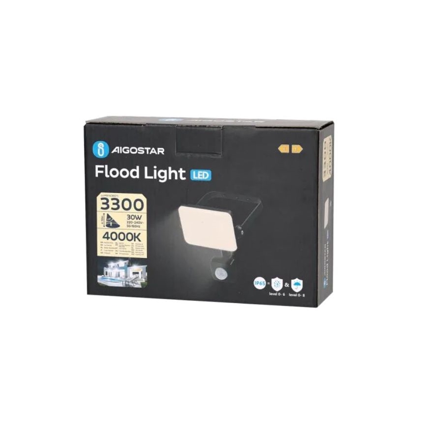 Aigostar - LED prožektorius su jutikliu LED/30W/230V 4000K IP65 juoda