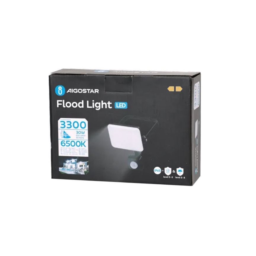 Aigostar - LED prožektorius su jutikliu LED/30W/230V 6500K IP65 juoda