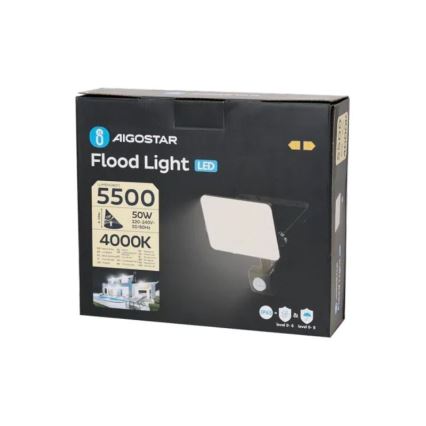 Aigostar - LED prožektorius su jutikliu LED/50W/230V 4000K IP65 juoda