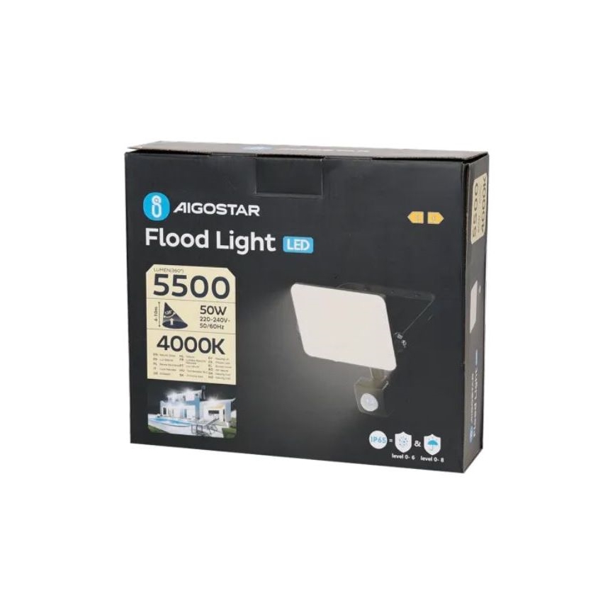 Aigostar - LED prožektorius su jutikliu LED/50W/230V 4000K IP65 juoda