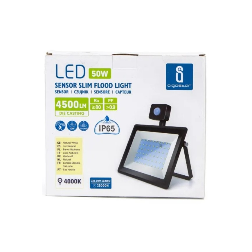 Aigostar - LED Prožektorius su jutikliu LED/50W/230V 4000K IP65 juodas