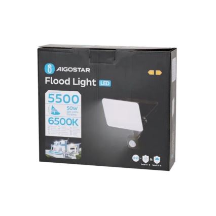 Aigostar - LED prožektorius su jutikliu LED/50W/230V 6500K IP65 juoda