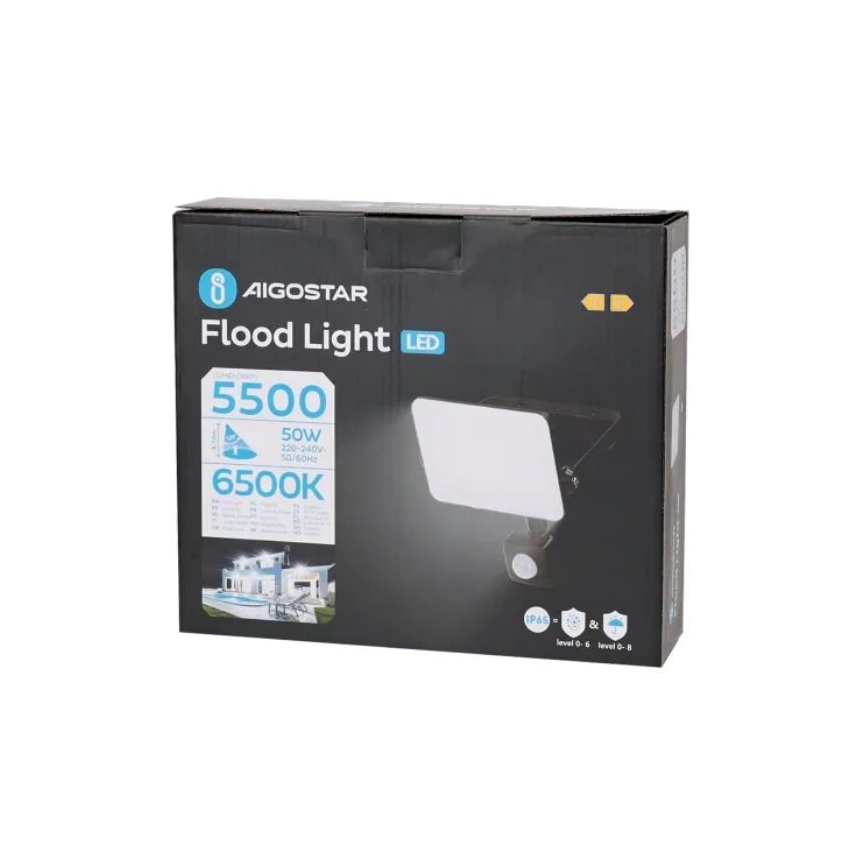 Aigostar - LED prožektorius su jutikliu LED/50W/230V 6500K IP65 juoda