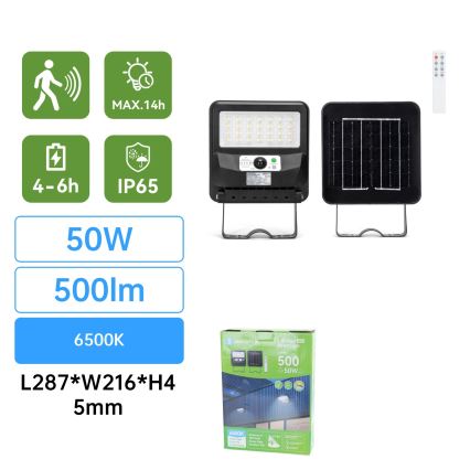 Aigostar - LED saulės gatvės šviestuvas su jutikliu LED/50W/3,2V 1000mAh 6500K + nuotolinio valdymo pultas
