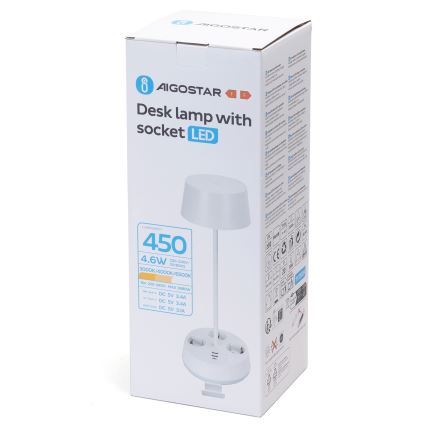 Aigostar - LED Reguliuojama stalo lemputė su lizdais ir USB LED/4,6W/230V 3000/4000/6500K balta