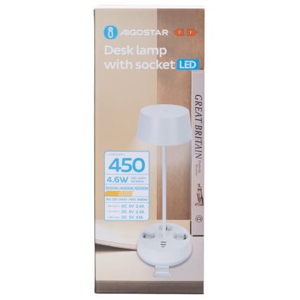 Aigostar - LED Reguliuojama stalo lemputė su lizdais ir USB LED/4,6W/230V 3000/4000/6500K balta