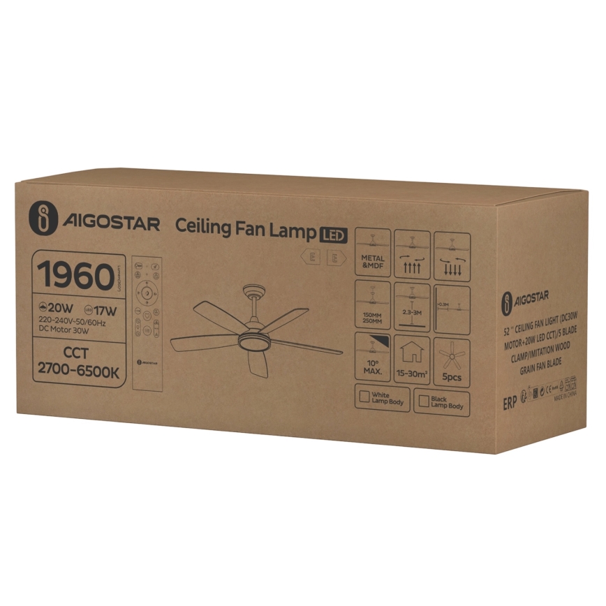 Aigostar - LED Reguliuojamas lubinis ventiliatorius LED/20W/230V 2700-6500K 132cm balta/smėlio spalva + nuotolinio valdymo pultas