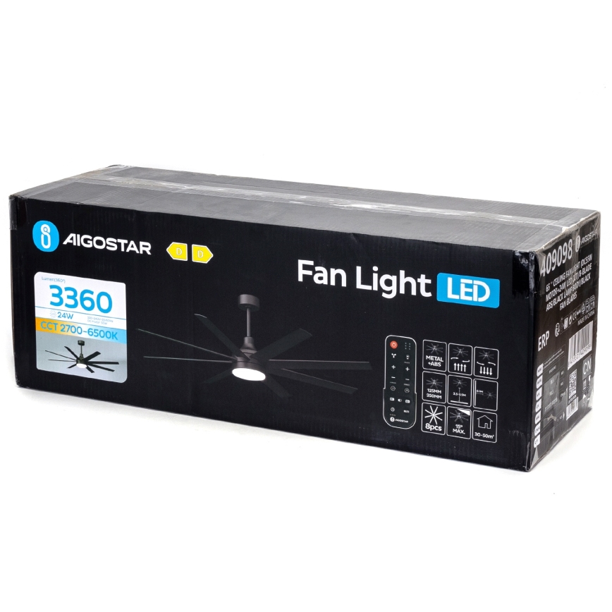 Aigostar - LED Reguliuojamas lubinis ventiliatorius LED/24W/230V 2700-6500K 165cm juoda + nuotolinio valdymo pultas