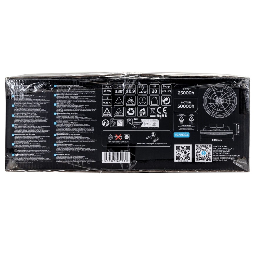 Aigostar - LED Reguliuojamas lubinis ventiliatorius LED/40W/230V 2700-6500K diametras 48 cm + nuotolinio valdymo pultas juoda