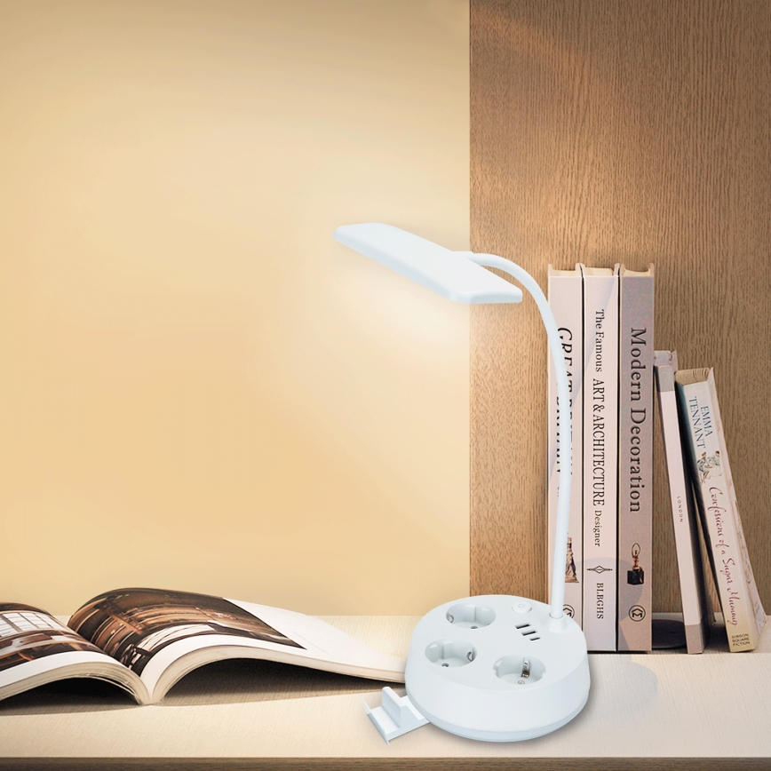 Aigostar - LED reguliuojama stalinė lempa su kištukiniais lizdais ir USB LED/4,6W/230V 3000/4000/6500K balta