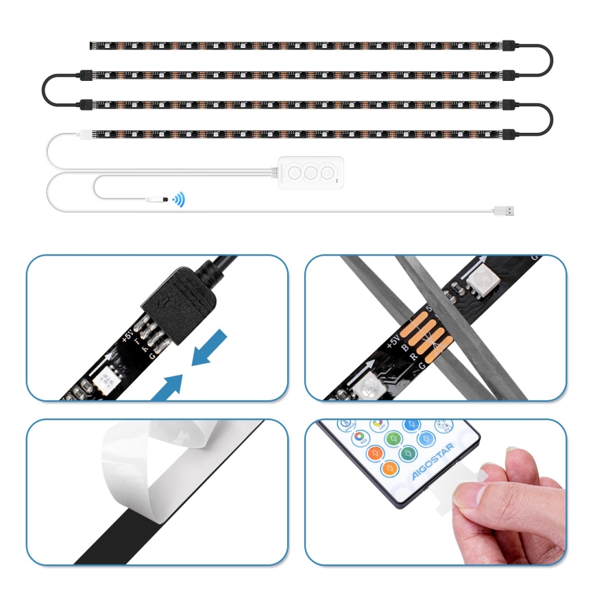 Aigostar - LED RGB išmanioji pritemdoma juostelė 4x0,5m LED/4,5W/5V Wi-Fi + nuotolinio valdymo pultas